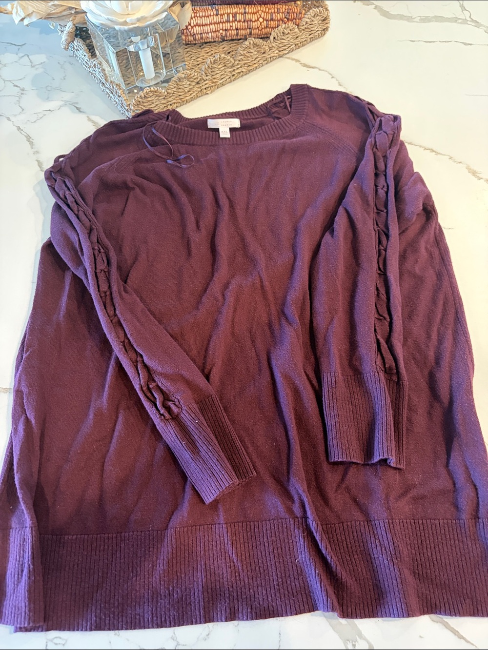 LC Lauren Conrad Deep Plum Braided-Trim Crewneck Sweater